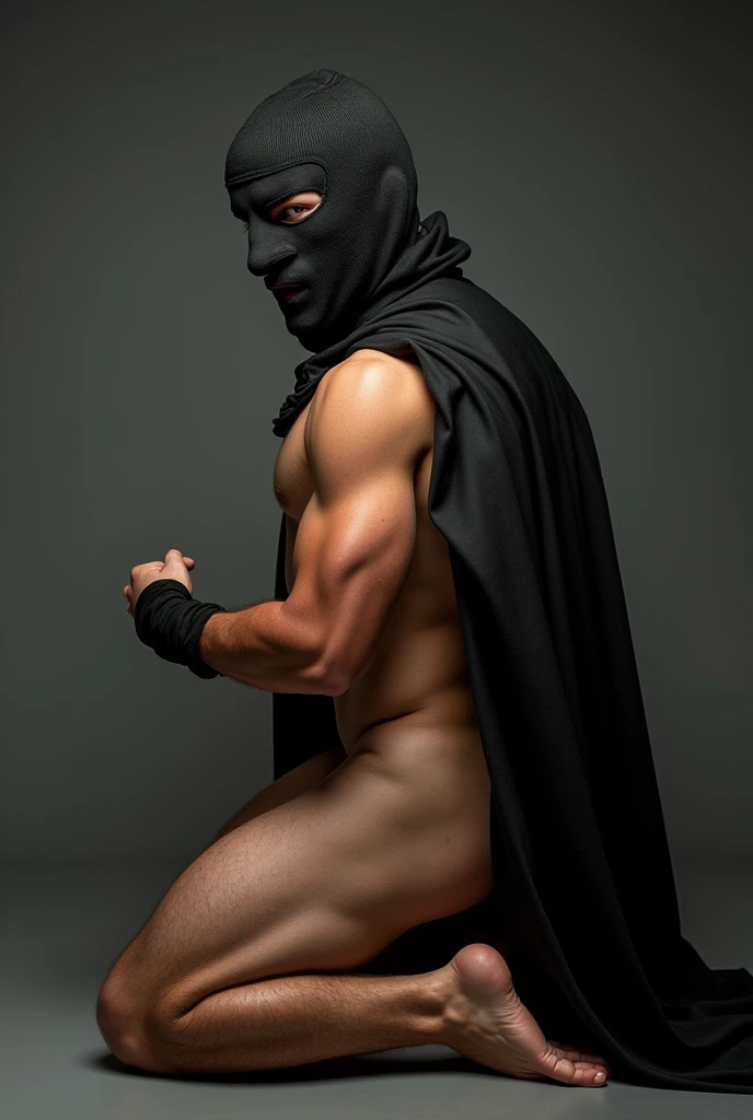 A muscular gay guy wearing a thief mask and a black cape, wearing nothing completely naked, doing a reverse doggy pose showing her round ass, he is on all fours on the floor showing his hot ass and his cock leaking cum and his ass with a lot of cum, and a hand opening her butt showing her ass begging for dick, he is looking back for the image
