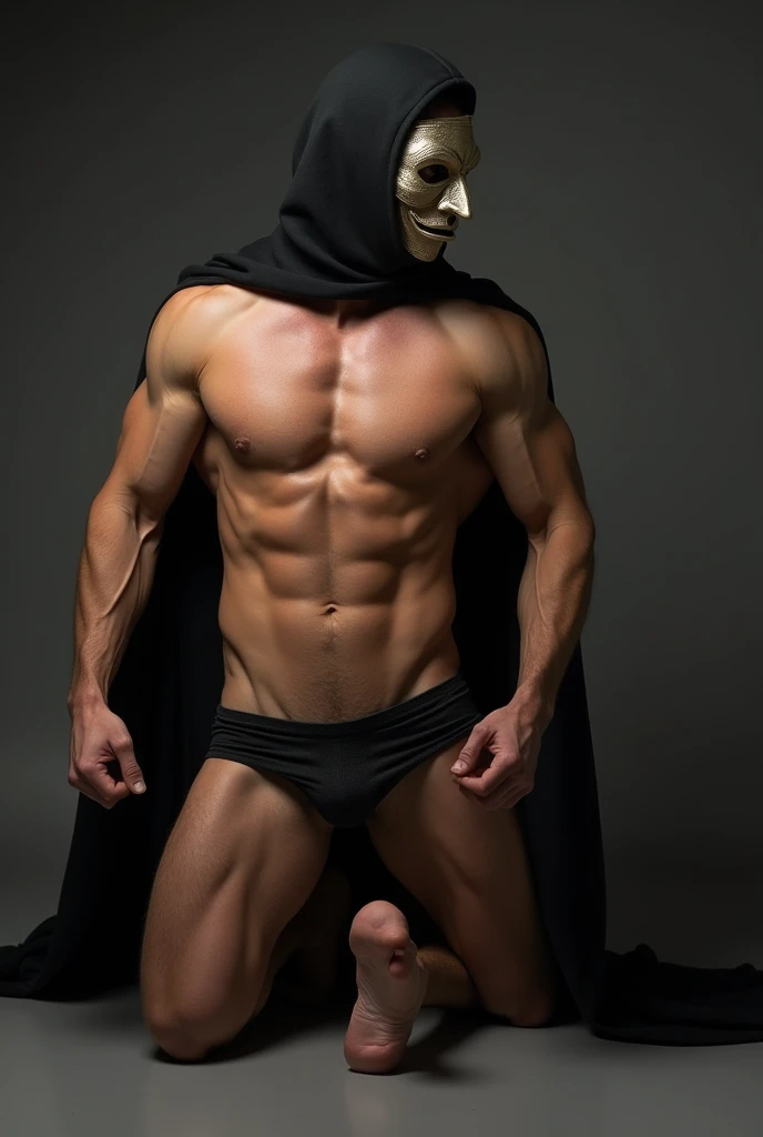 A muscular gay guy wearing a thief mask and a black cape, wearing nothing completely naked, doing a reverse doggy pose showing her round ass, he is on all fours on the floor showing his hot ass and his cock leaking cum and his ass with a lot of cum, and a hand opening her butt showing her ass begging for dick, he is looking back for the image