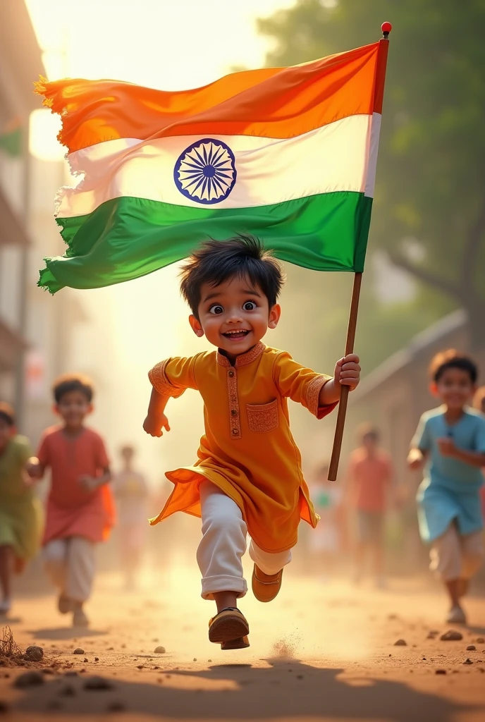 Indian ??? happily running with holding indian flag