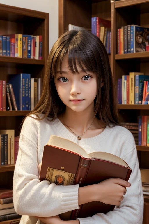 ((masterpiece,Best quality))1 girl, One, bookshelf, A stack of books, Suzuno, in room, hair ornament, Young, Red eyes,  