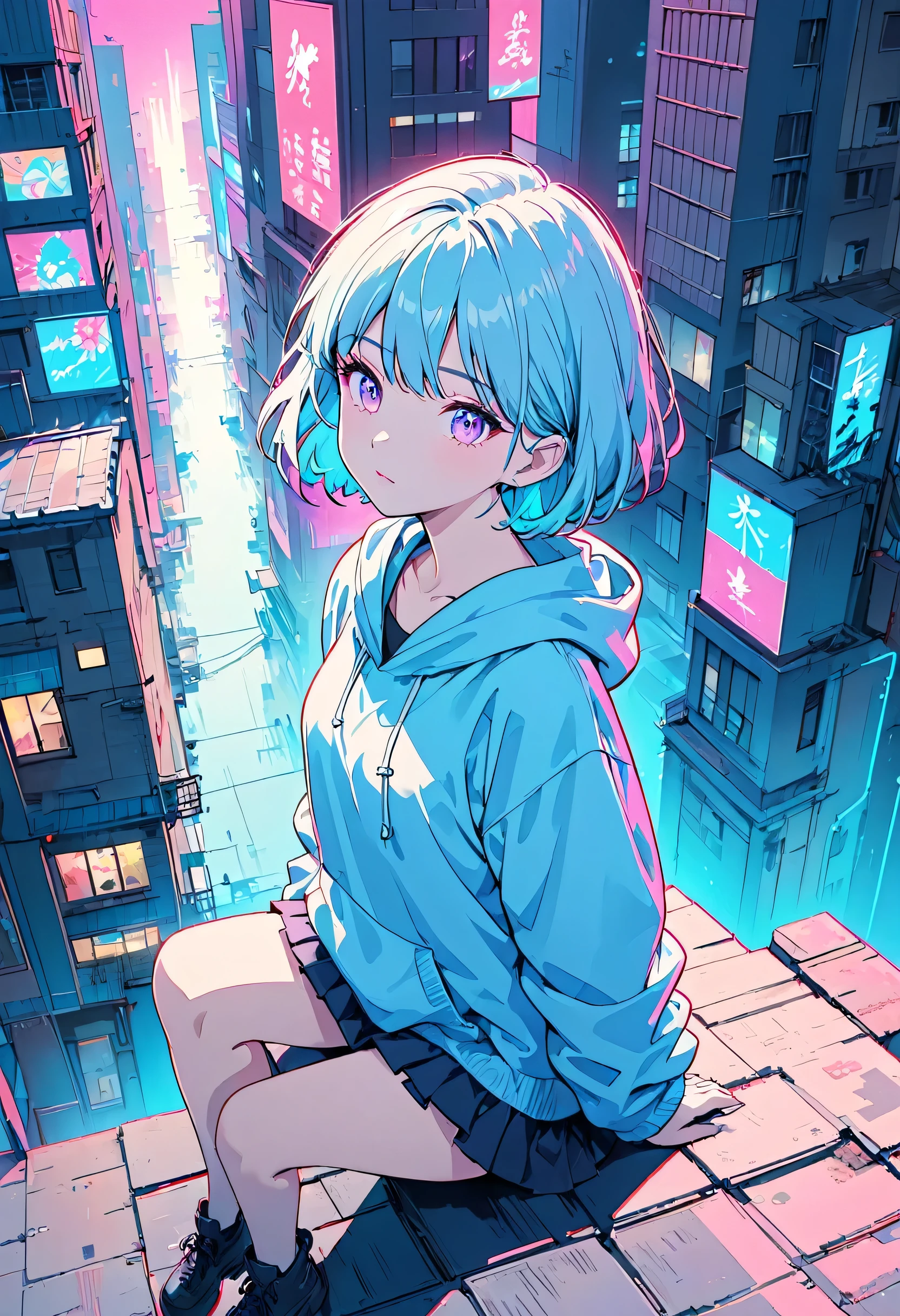masterpiece,Highest quality,1 Synthwave style girl,Blue outline,Neon lit street,Blue fluorescent paint,alone,From above,Cowboy Shot,Sitting on the roof of a building,Highly detailed CG,Flat Color,Limited edition palette,No Line Art,silhouette,Partially colored,Alternative color,Dynamic Angle,Blue long top champagne,Purple Shadow,Synthwave,chromatic aberration,(alone focus),Perfect Shadow,Wearing a light blue hoodie,Delicate face,,Beautiful and delicate eyes,Light blue hair,Short Bob Hair,Delicate background,Blue Neon Light,Around 15 years old,About 150 tall