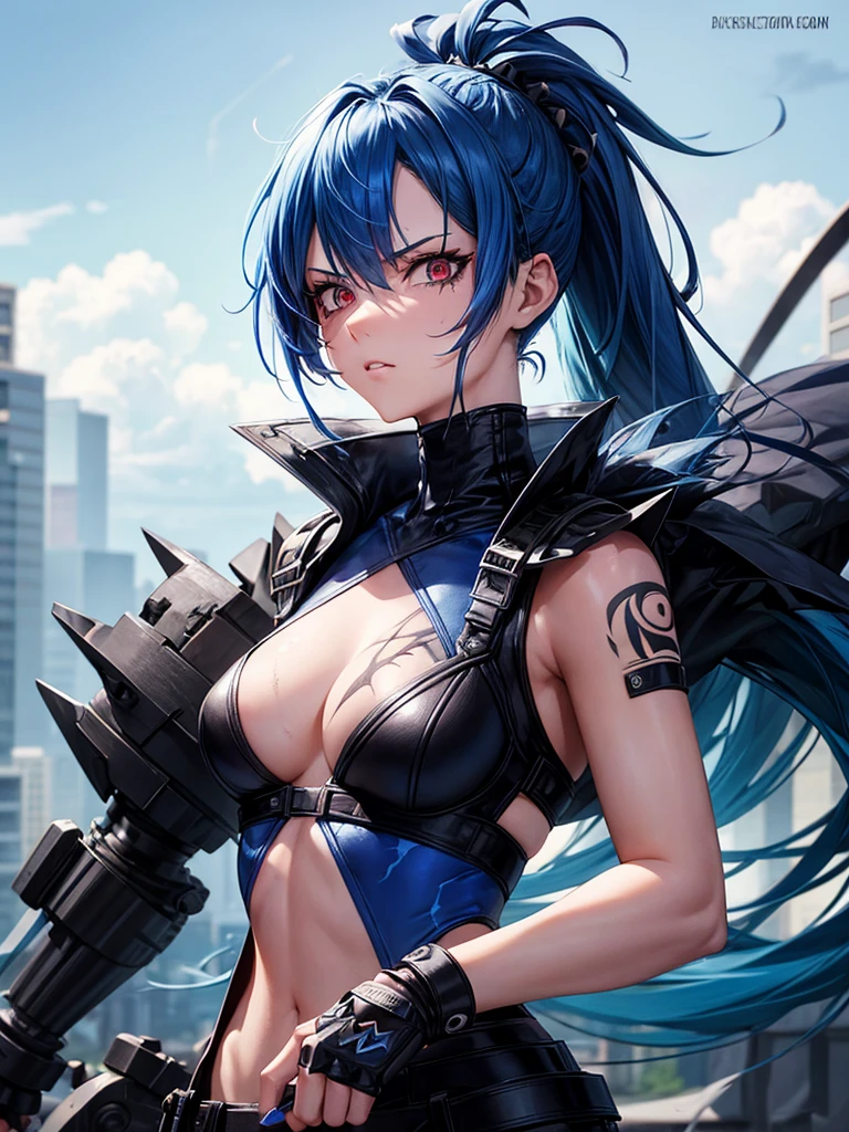 Badass girl with serious sapphire blue hair spiked ponytail, a red eye, another blue, scars on the body and on the left eye 