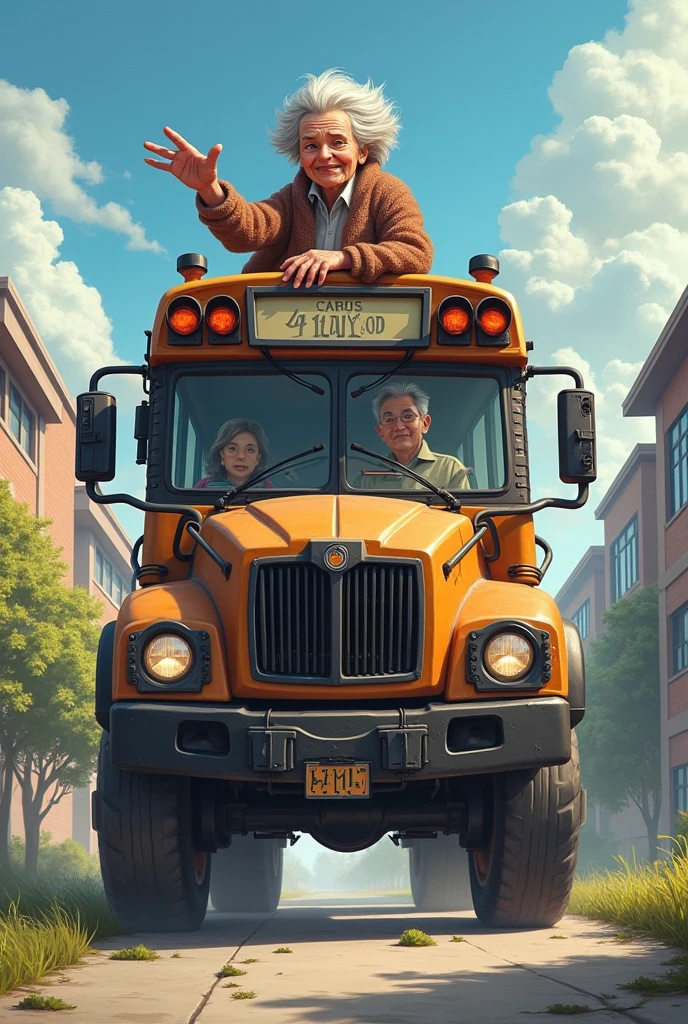 An old granny flies to a school with a battelbus
