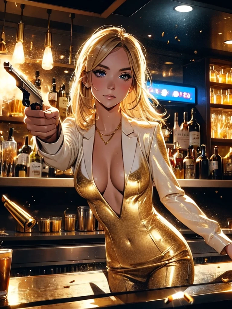 girl at a nightclub sitting at bar, eyeliner (masterpiece) (best quality) (detailed) (8k) (HDR) (wallpaper) (cinematic lighting) (sharp focus) (intricate) blonde hair, biting lip, medium hair, white and gold bodysuit outfit, sexy, blush, aroused, cleavage, shiny , wet skin, girl, dark makeup, (firing,bullet,gun,light particles), underboob, gold necklaces, handgun, holding gun, pointing gun