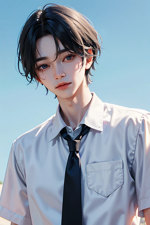 blue hair, White skin, 18 years old, super detail, masterpiece, 8k, korean, amazing, Idol, high quality, Refreshing, high quality, white shirt, black long tie, Beautiful androgynous man, 1 Boy, Refreshing, sky blue background, clear, studio lighting, Color cosmetics, cool, Photo Card, Sky Blue Studio, Film Cameras, Fujifilm,  boy, Idol 헤어