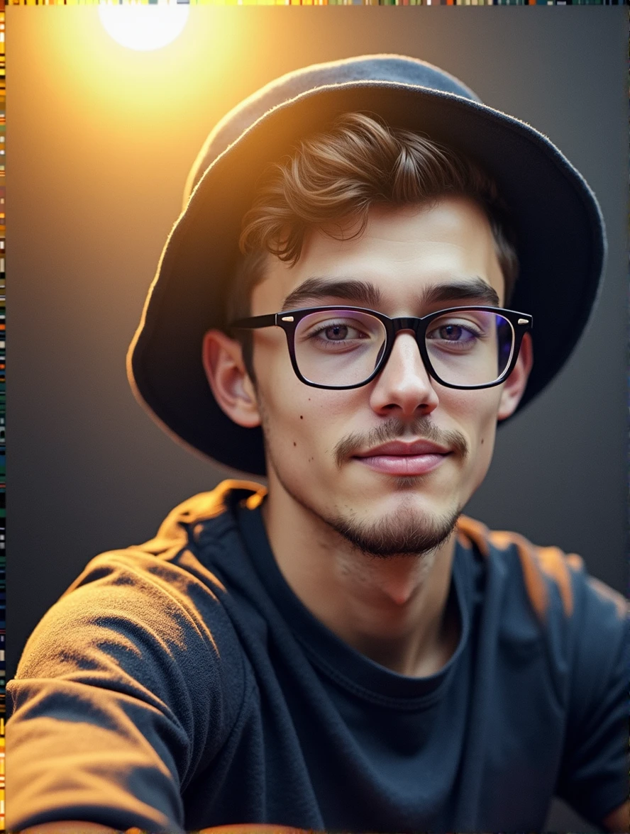 um jovem incrivelmente bonito e quente de 19 anos com cabelos castanhos escuros curtos e olhos castanhos, angular jaw, face da caixa, barba de restolho, Alto e magro, wearing a casual shirt and a cap. dark gray background and studio lighting, Yearbook pose, close-up do personagem, retrato headshot do personagem, close-up do personagem. Little mustache , brown eye , square jaw, soft acnes scars , brown skin, Indonesian look, Asian look ,  wearing a navy hat and glasses , short hair