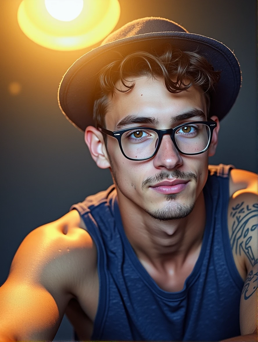 um jovem incrivelmente bonito e quente de 19 anos com cabelos castanhos escuros curtos e olhos castanhos, angular jaw, face da caixa, barba de restolho, Alto e magro, wearing a casual shirt and a cap. dark gray background and studio lighting, Yearbook pose, close-up do personagem, retrato headshot do personagem, close-up do personagem. Little mustache , brown eye , square jaw, soft acnes scars , brown skin, Indonesian look, Asian look , wearing a navy hat and glasses , short hair