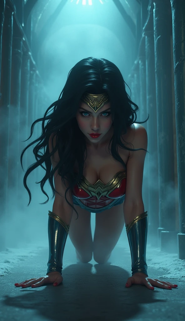 (0815) Today's 3D anime art:bare breast Wonder Woman crawling in Mr. Freeze's Mysterious Foggy Room