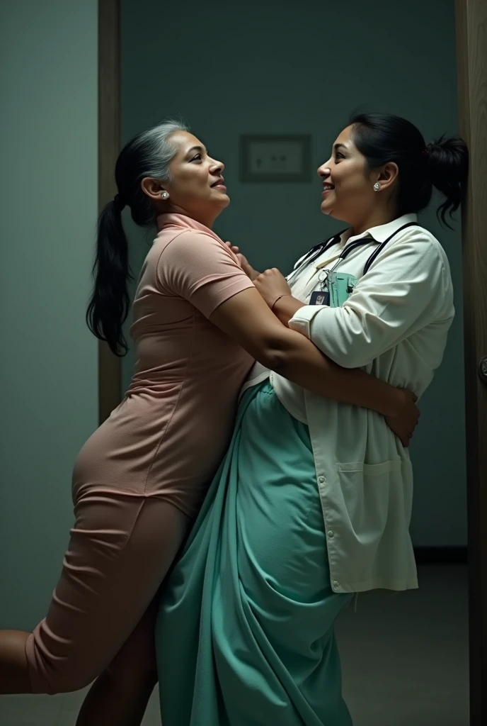 Mamta banarjee pressing neck of a female doctor with 1 hand lifting her up 2 feets from the ground with evil look in her eyes side view