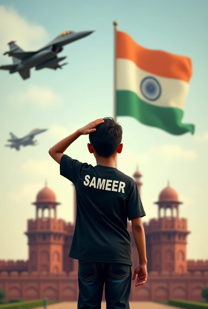 A boy wearing black half shirt and on it SAMEER name is written at backside and he  is standing infront of Indian flag tricolour and saluting the tricolour and in his background there is Red fort and above him the two fighters are flying over him.