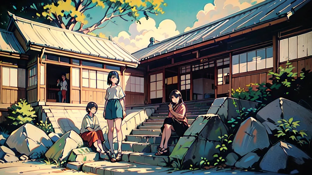 Anime style, three agers in foreground, sitting and talking, rural Japanese setting, stone steps in background, traditional house with tiled roof, lush green trees and foliage, soft sunlight, distant figure walking up steps, slice of life scene, detailed background, warm color palette