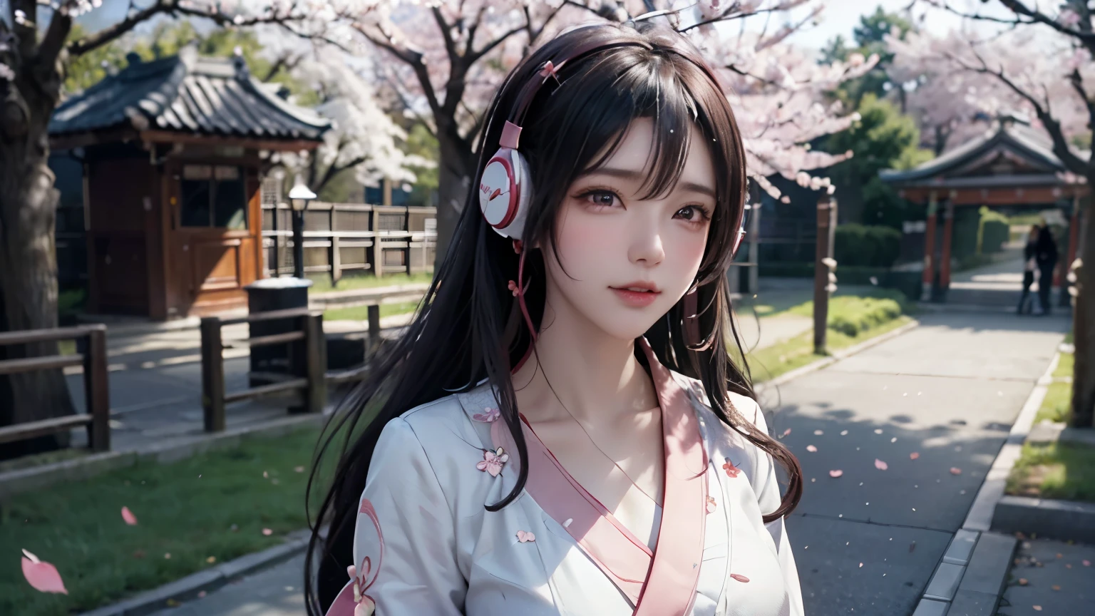 (Logo, Masterpiece, 8k, Tabletop, RAW Photo, Amazing, Top Quality, Photorealistic and Highly Detailed CG Integrated 8k Wallpaper, High Quality, Highly Detailed, Narrative Poetry, Particle Effects, Dynamic Effects, Character Boundary Depth, Cinematic lights, lens flares, ray tracing), fantasy, (single beautiful woman, white kimono, Japanese clothing, white cherry blossom pattern, white cherry blossom embroidery pattern, black hair, beautiful face, real face, beautiful eyes in detail, beautiful skin, long hair) Hair fluttering in the wind, long hair bouncing, long hair dancing in the wind), (cherry blossoms, cherry tree, cherry blossom petals dancing, cherry blossom blizzard, falling petals), hair fluttering in the wind, hair bouncing, pink cherry blossoms, Dancing petals, cherry blossom snowstorm, wonderful scenery, sunrise, background ((night, Starry Sky)), ((headphones, wearing headphones)), wind, gods, teeth, stories of gods, vast land