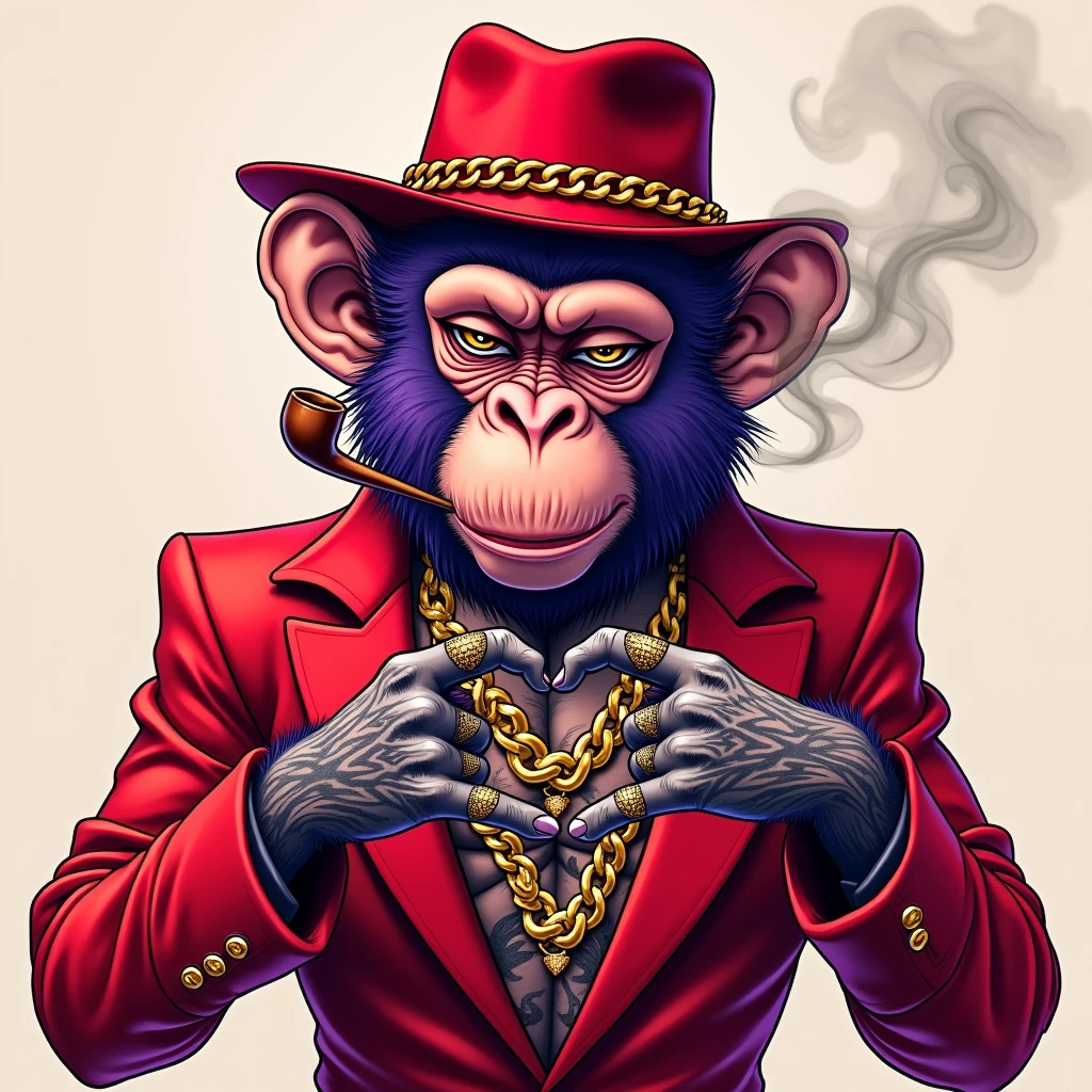 1 purple female monkey, with a red gangster suit with chains, hat and glasses, tattooed, with huge diamond and gold rings, smoking with a pipe, making a heart with both hands
