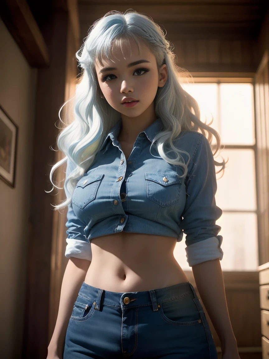 masterpiece,best quality, photography, style of Philip Lorca diCorcia, cinematic film photo of young Caucasian girl aged 18yo, 1girl, solo, blue and white hair, long wavy hair, air bangs, green eyes, tan skin, light makeup, short height, body, athletic body, large breasts, perfect lips, wearing a blue flannel shirt, wearing blue jeans, cute face, vignette, highly detailed features, high budget, bokeh, cinemascope, moody, epic, gorgeous