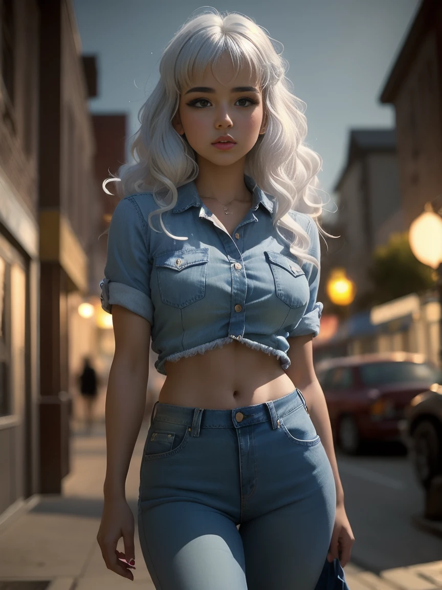 masterpiece,best quality, photography, style of Philip Lorca diCorcia, cinematic film photo of young Caucasian girl aged 18yo, 1girl, solo, blue and white hair, long wavy hair, air bangs, green eyes, tan skin, light makeup, short height, body, athletic body, large breasts, perfect lips, wearing a blue flannel shirt, wearing blue jeans, cute face, vignette, highly detailed features, high budget, bokeh, cinemascope, moody, epic, gorgeous