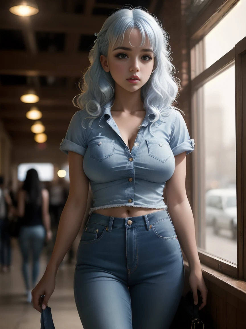 masterpiece,best quality,  photography, style of Philip Lorca diCorcia, cinematic film photo of young girl aged 18yo, 1girl, solo, blue and white hair, long wavy hair, air bangs, green eyes, tan skin, light makeup, short height,  body, athletic body, large breasts, perfect lips, wearing a blue flannel shirt, wearing blue jeans, cute face, baby face,vignette, highly detailed features, high budget, bokeh, cinemascope, moody, epic, gorgeous
