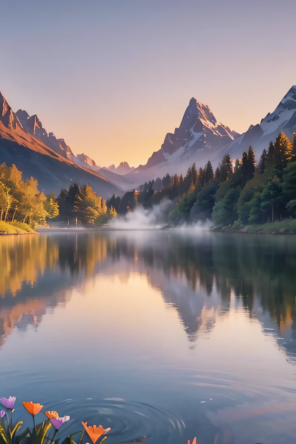 Here's a detailed prompt for generating AI images of beautiful scenery:
"Create a serene landscape featuring a tranquil lake surrounded by lush green forests. The scene is set at dawn, with the first light of the sun casting a golden glow on the water. Mist gently rises from the lake, adding a mystical atmosphere. In the background, towering snow-capped mountains provide a majestic backdrop, while a few scattered wildflowers bloom near the water's edge. The sky is painted in soft hues of pink, orange, and purple, reflecting off the calm surface of the lake. The overall mood is peaceful and awe-inspiring."