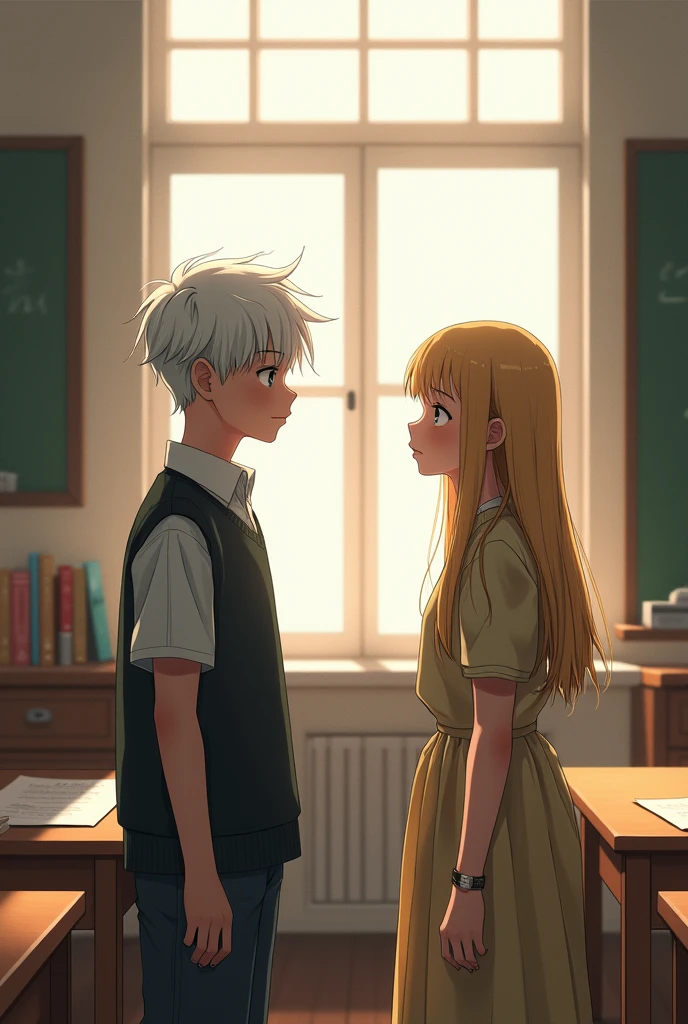 Make a white-haired boy and a blonde girl face each other in the classroom