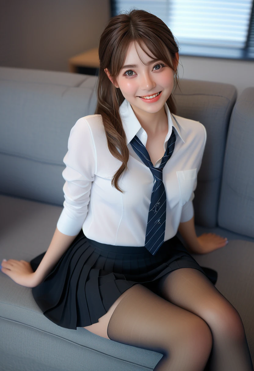 (masterpiece, Highest quality), (RAW Photos:1.2), (Realistic:1.4), Beautiful detailed girl, Very detailed eyes and face, Beautiful attention to detail, Ridiculous, incredibly Ridiculous, Large file size, Very detailedな, High resolution, Very detailed, ((Office Suits, Black Skirt)), Seductive eyes, Cute Smile, Face Focus, View your viewers, figure, Very detailed, CG, Unified, 8k wallpaper, wonderful, The finer details, Very detailed CG Unified 8k wallpaper, Face Light, Cinema Lighting, One person, 22 years old, ((Beautifully detailed feet)), ((Dynamic pose))), (half), (pantyhose), (Lie on the sofa with your knees and legs bent)), Realistic face:1.3, Realistic skin:1.6,