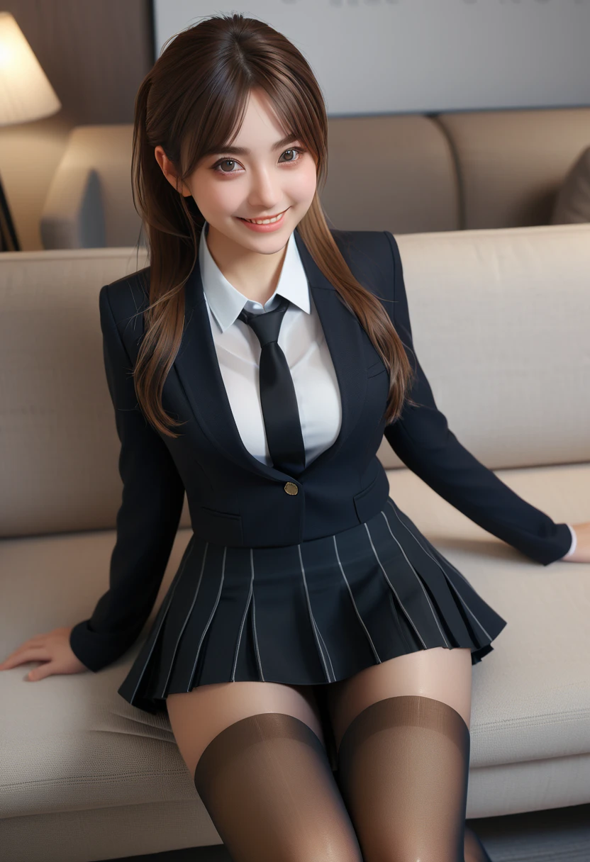 (masterpiece, Highest quality), (RAW Photos:1.2), (Realistic:1.4), Beautiful detailed girl, Very detailed eyes and face, Beautiful attention to detail, Ridiculous, incredibly Ridiculous, Large file size, Very detailedな, High resolution, Very detailed, ((Office Suits, Black Skirt)), Seductive eyes, Cute Smile, Face Focus, View your viewers, figure, Very detailed, CG, Unified, 8k wallpaper, wonderful, The finer details, Very detailed CG Unified 8k wallpaper, Face Light, Cinema Lighting, One person, 22 years old, ((Beautifully detailed feet)), ((Dynamic pose))), (half), (pantyhose), (Lie on the sofa with your knees and legs bent)), Realistic face:1.3, Realistic skin:1.6,