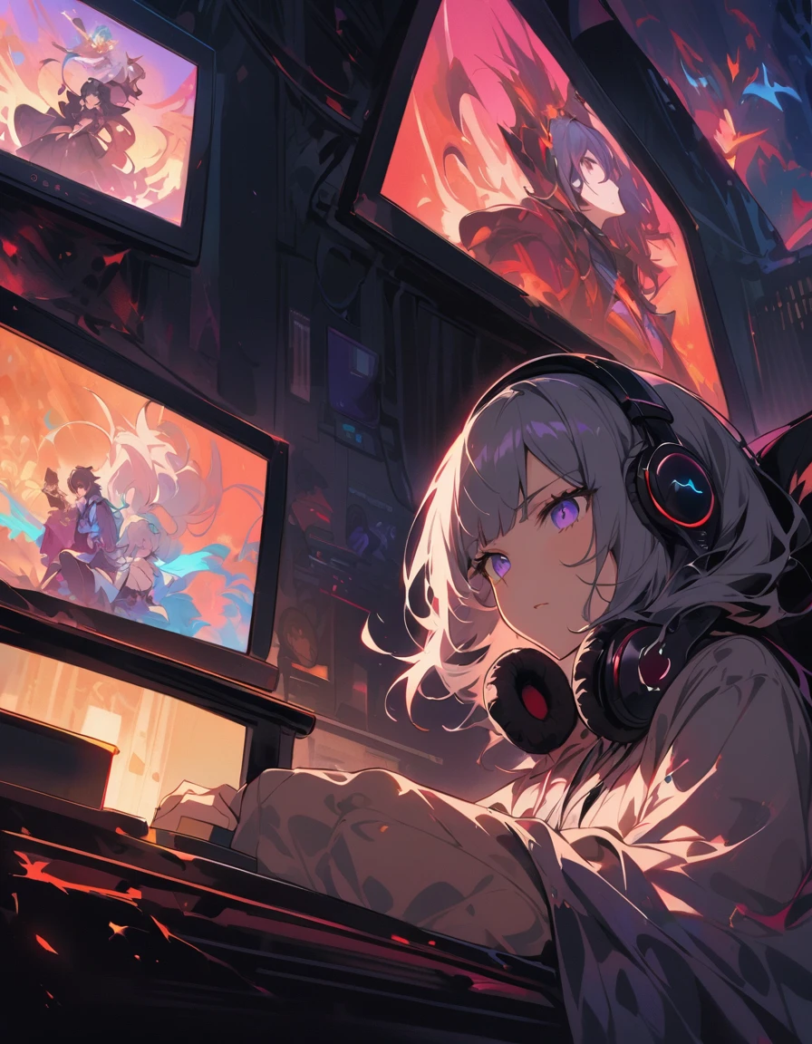 In a dark room at night、A sleepless woman sits in front of a computer.。Wearing headphones with a microphone.、Holding the game controller firmly。Focusing on the screen、Enjoying the game。his expression is serious、It is evident that she is immersed in the world of gaming..。In contrast to the silence of the room.、A fierce battle unfolds on the screen..。