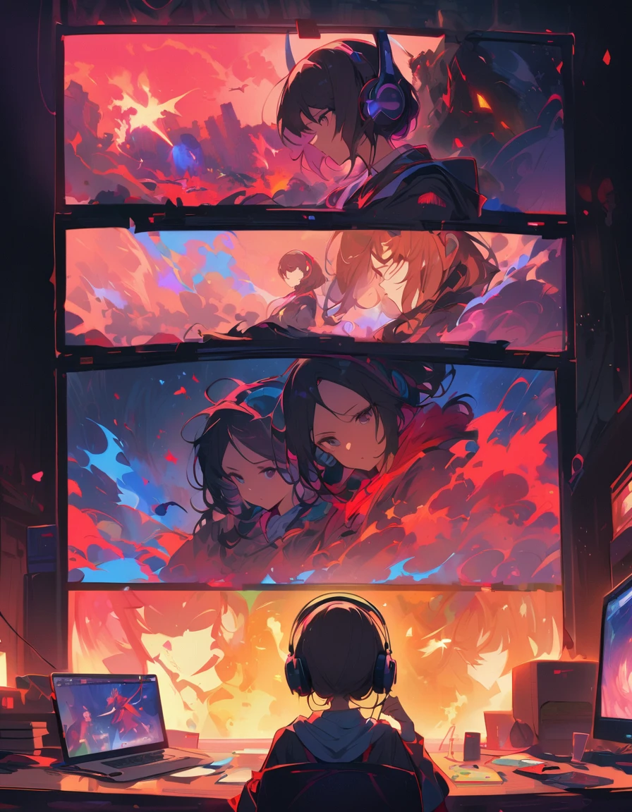 In a dark room at night、A sleepless woman sits in front of a computer.。Wearing headphones with a microphone.、Holding the game controller firmly。Focusing on the screen、Enjoying the game。his expression is serious、It is evident that she is immersed in the world of gaming..。In contrast to the silence of the room.、A fierce battle unfolds on the screen..。
