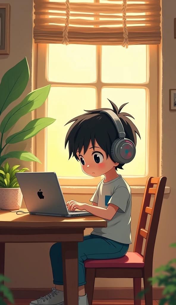 Cartoon character sitting at a table with headphones and a laptop, Loffy Boy, Erogeo Art Style, Arte Roffie, Studio Ghibli style, Lo-fi girl aesthetic, Hip Hop Lofi, Inspired by Studio Ghibli, L'official Sensation, Anime movie screenshots, Capturing the canvas of a Makoto Shinkai-esque anime film, Lofy Color