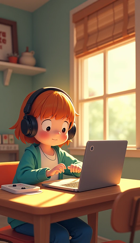 Cartoon character sitting at a table with headphones and a laptop, Loffy Boy, Erogeo Art Style, Arte Roffie, Studio Ghibli style, Lo-fi girl aesthetic, Hip Hop Lofi, Inspired by Studio Ghibli, L'official Sensation, Anime movie screenshots, Capturing the canvas of a Makoto Shinkai-esque anime film, Lofy Color