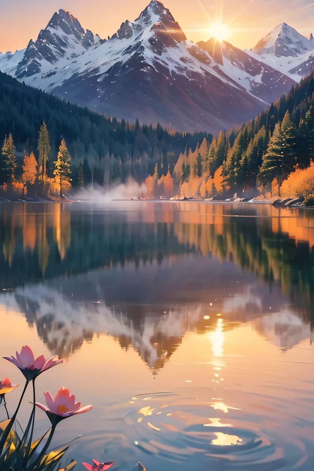 Here's a detailed prompt for generating AI images of beautiful scenery:
"Create a serene landscape featuring a tranquil lake surrounded by lush green forests. The scene is set at dawn, with the first light of the sun casting a golden glow on the water. Mist gently rises from the lake, adding a mystical atmosphere. In the background, towering snow-capped mountains provide a majestic backdrop, while a few scattered wildflowers bloom near the water's edge. The sky is painted in soft hues of pink, orange, and purple, reflecting off the calm surface of the lake. The overall mood is peaceful and awe-inspiring."