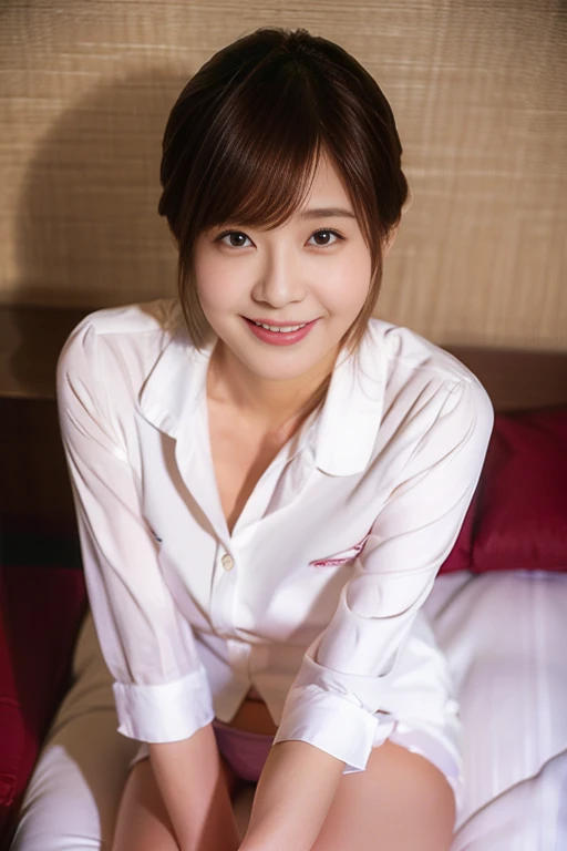 Beautiful Japanese Woman、Beautiful mature woman、Classy sexiness、Tight business shirt、(panties、smile、Round face、Beautiful legs、Thighs:1.2)、masterpiece、4K High Resolution、Photo quality、Updo、