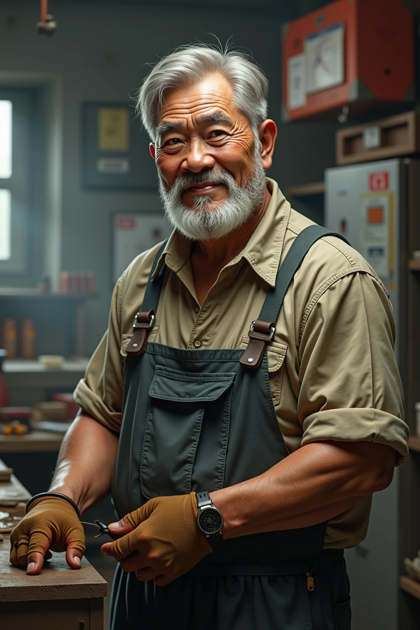 korean, muscular, old man, employee