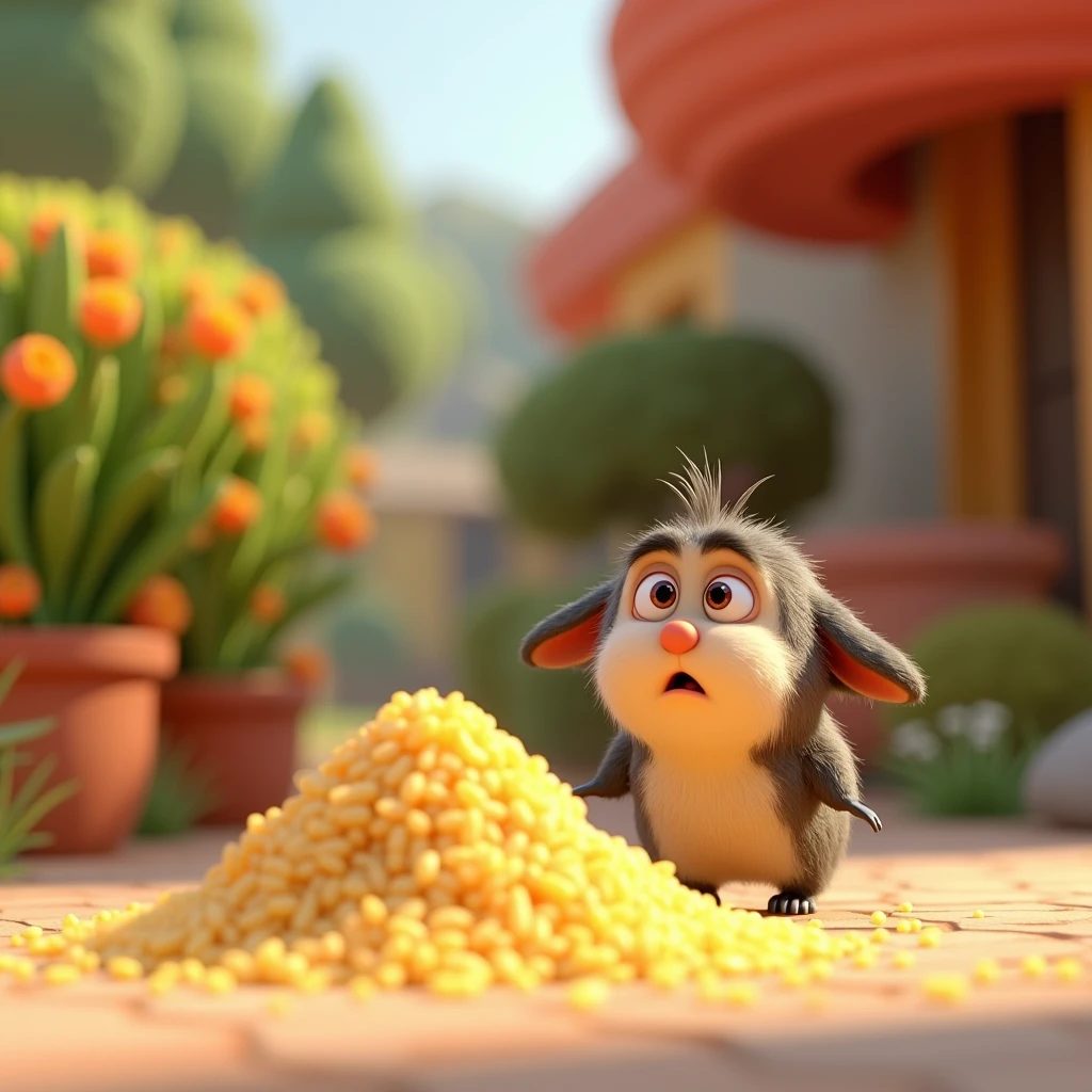 3d animation style
Billu noticing the rice outside, with a puzzled expression on his face.
