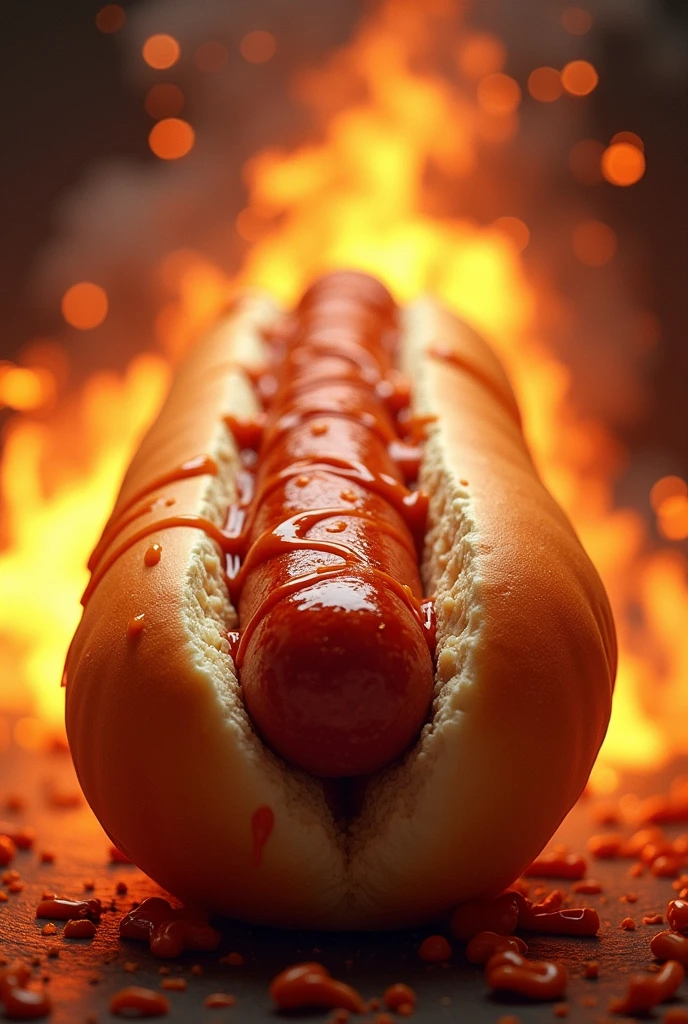 A hot dog with a lot of sausage and sauce detail, with a fire background and the hot dog in the center of the image