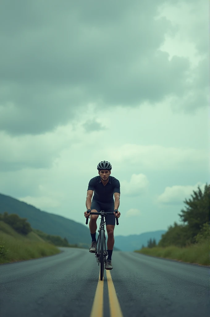 A man bike on road alone with cloudy sky