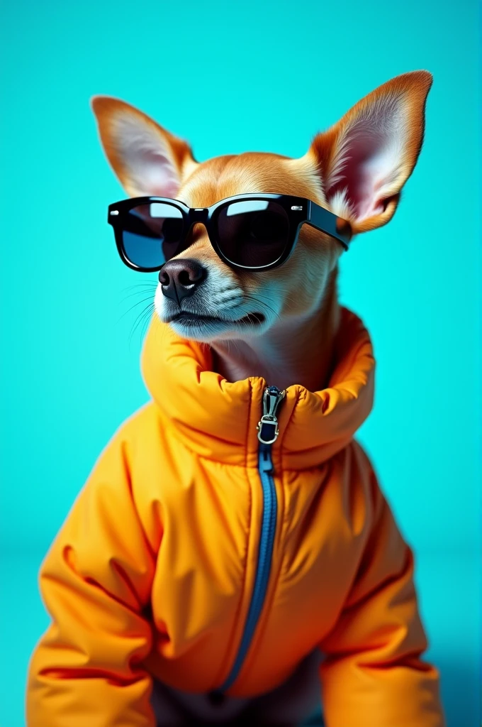 The best cell phone wallpaper, Award-Winning Wallpaper, portrait photography, In the front view is a portrait of a cute dog wearing mid-1960s space age fashion, Side view photo, Shot with Canon EOS R5, Set a strong contrast that accentuates the subject, Fluorescent blue tone, Wearing a very modern coat and sunglasses is a modern 1960s style, Clothes all in one color, beautiful background