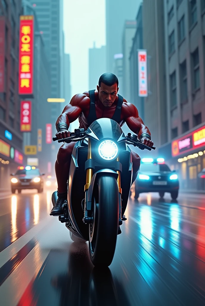 a muscular superhero, superman, riding a futuristic motorcycle, speeding through a city chase, chased by police cars, no helmet, ultra-detailed, 8k, masterpiece, cinematic lighting, dramatic action pose, photorealistic, vibrant colors, volumetric lighting, intricate details, motion blur, hyper-realistic, dramatic angle