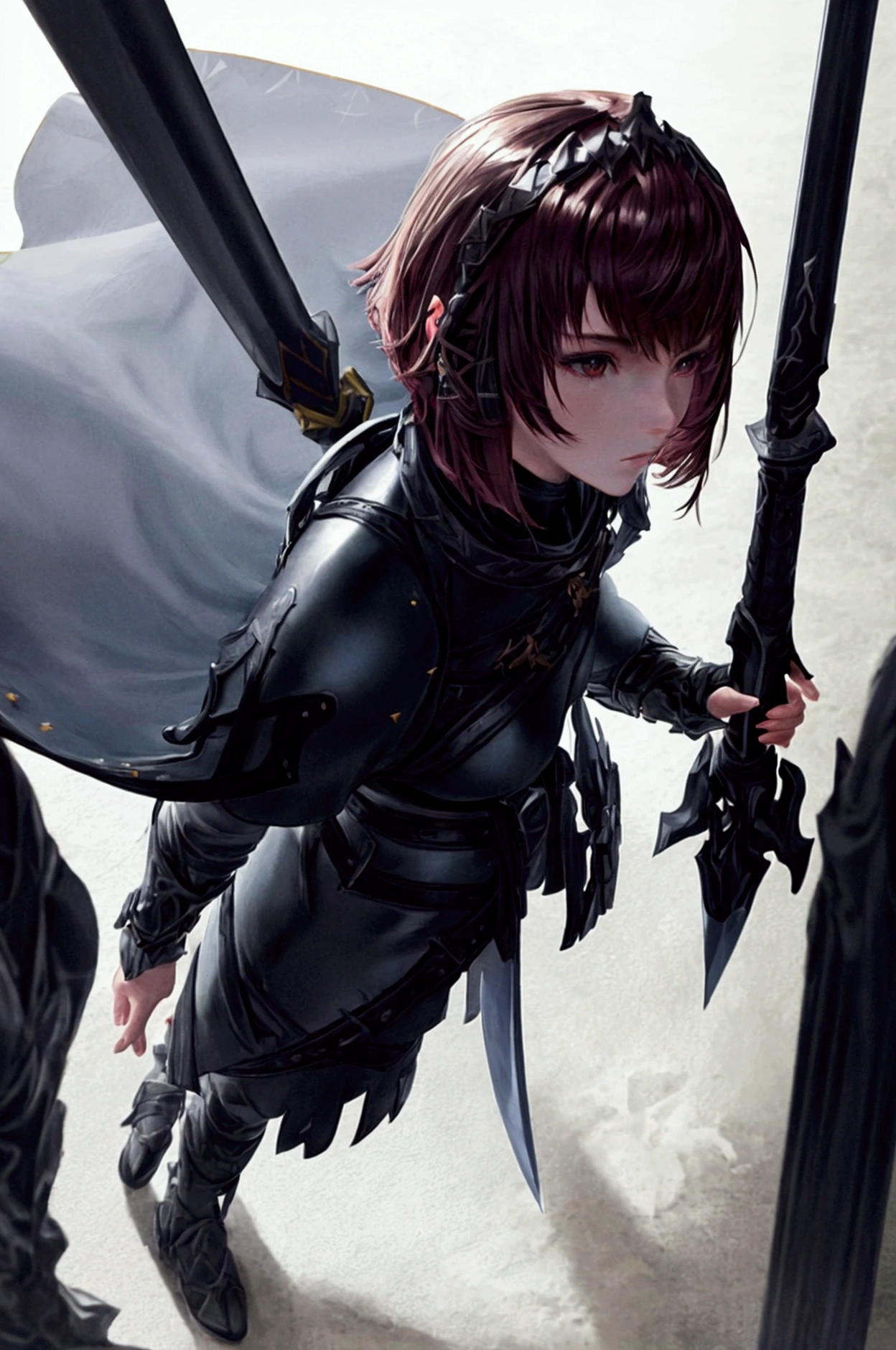 Theme of the game Final Fantasy. Image of a bronze-haired girl standing holding her favorite sword, wearing light armor in black and white, pastel colors, and dramatic tones. A masterpiece with the highest resolution , Image type semi-realistic