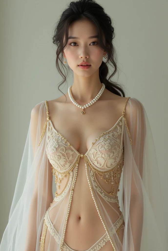 An elegant mature young woman standing nude。Full body front view、Asian、Her skin is relatively white、Luxury Clothing、Silk-like transparent lace on her clothes、Golden wire trim、Jewelry decoration、A pearl necklace hangs around her neck。Showing female genitalia。I don't wear underwear