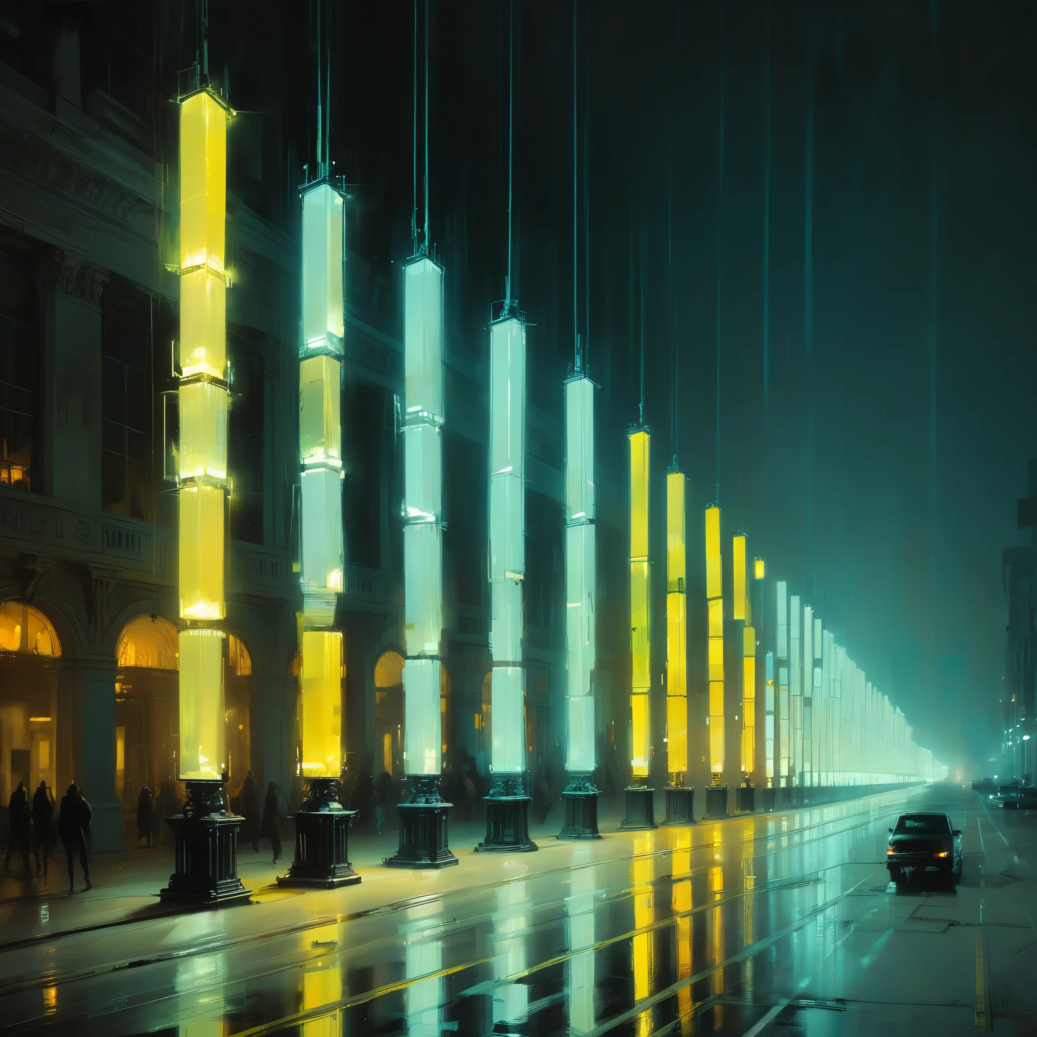 in style of Jeremy Mann,in style of Boris Groh,
lamp column effect,glow array,neon light column array,All the arrays are lined up in a row,using the vanishing point composition method to go into the distance,