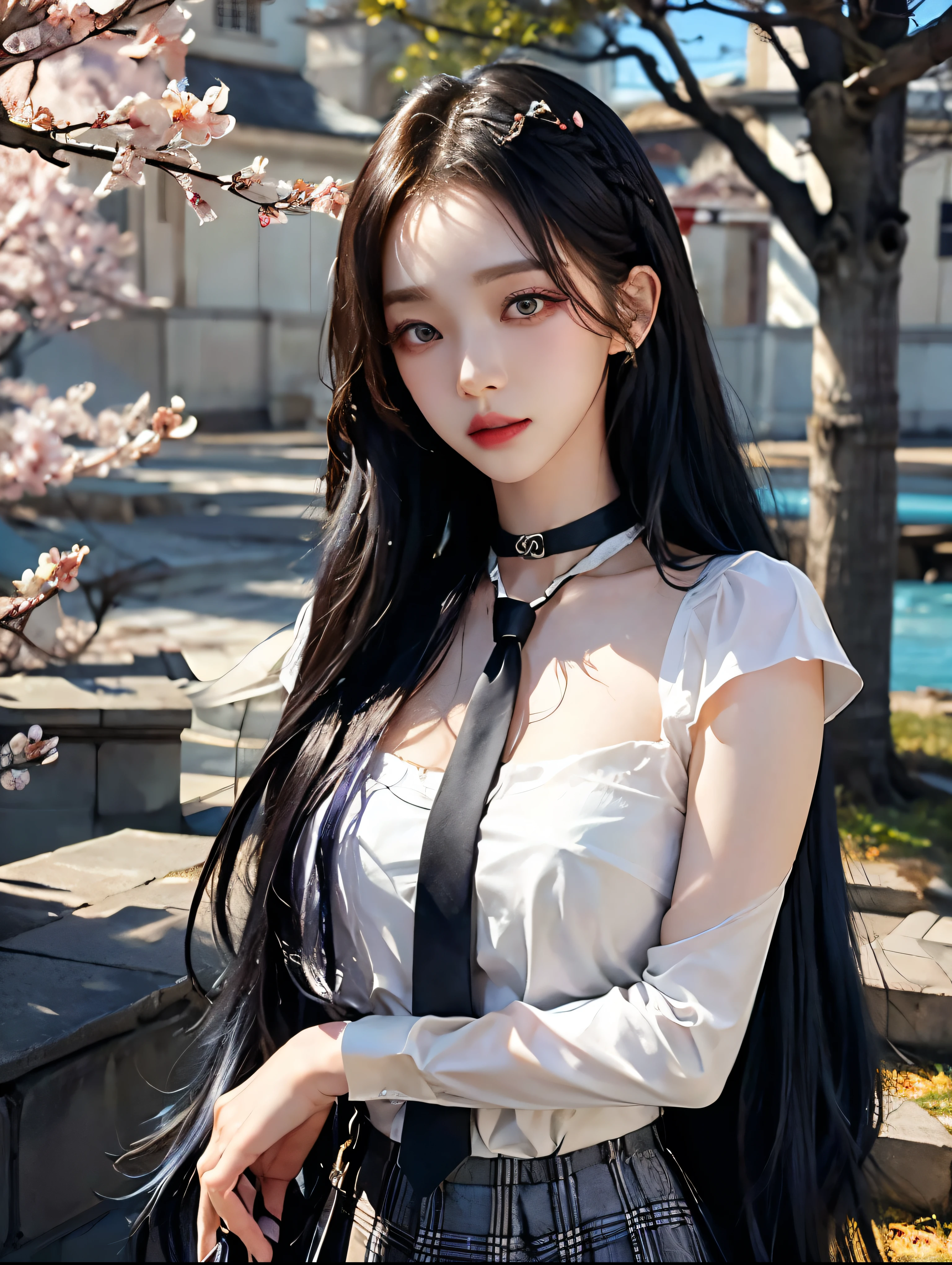 큰 chest, 젖어서 chest이 보이는 흰색 shirt, masterpiece, best quality, whole body, 1 woman, forehead, black choker, black necktie, blond hair, blue skirt, blush, bracelet, chest, choker, clothes approximately waist, clavicle, collared shirt, cowboy shot, dress shirt, ear piercing, eyebrows visible through hair, gradient hair, 이를 드러내고 laugh, fix, bijouterie, Kogal, long hair, looking at viewer, loose necktie, necktie, piercing, plaid, plaid skirt, pleated skirt, red eyes, ring, , shirt, skirt, laugh, alone, distance, sky, Cherry Blossom, petal,illustration, (Magazines:1.3), (sheathe-style:1.3), fashionable, female, vibrant, outfit, posing, front, fancy, dynamic, background, coercion, confidence, expression, possession, name, accessories, majestic, coil, approximately, touch, scene, texts, sheathe, brave, attracting attention, title, Refined, font, catchy, headline, bigger, striking, modern, Trend, Concentrate upon, fashion,