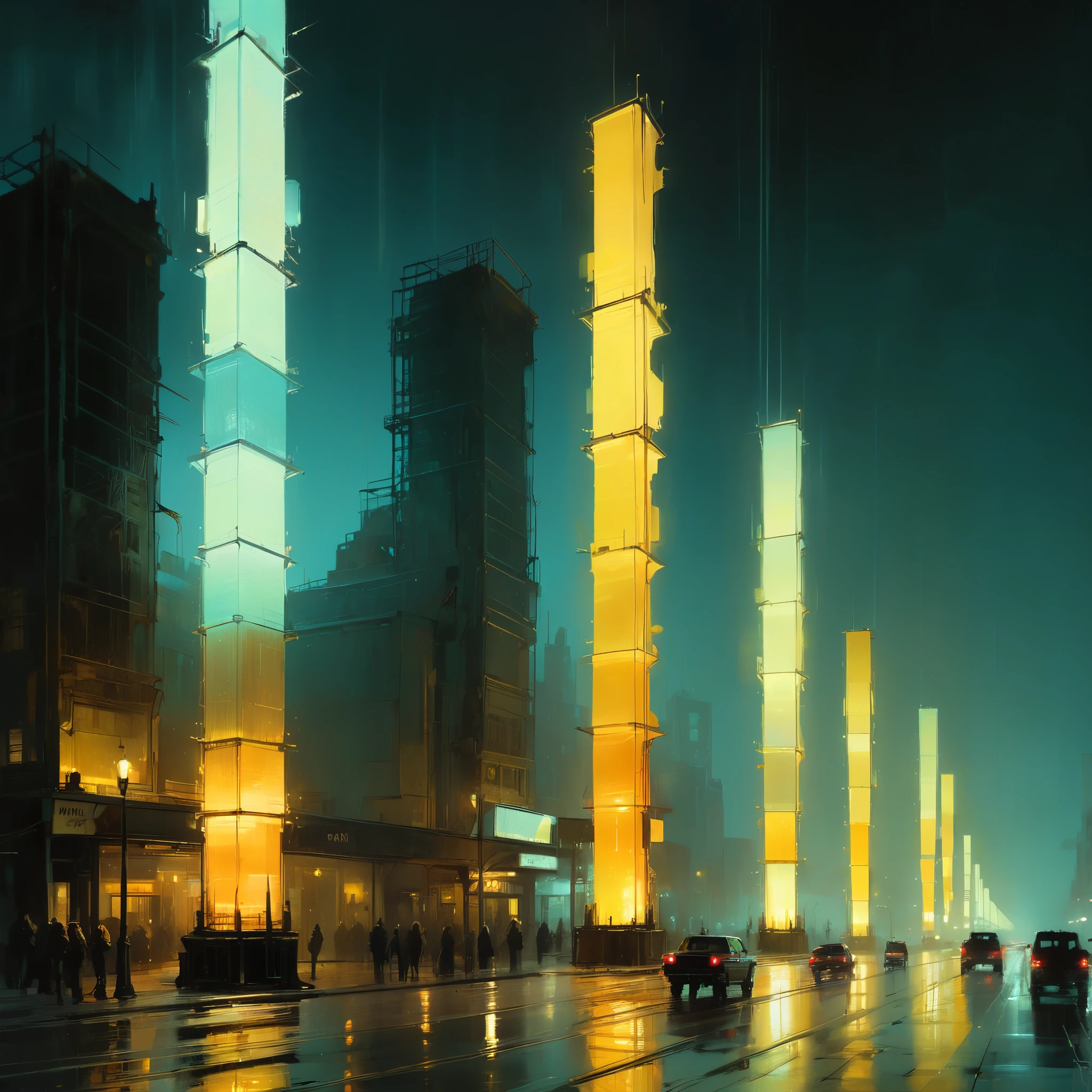 in style of Jeremy Mann,in style of Boris Groh,
lamp column effect,glow array,neon light column array,All the arrays are lined up in a row,using the vanishing point composition method to go into the distance,