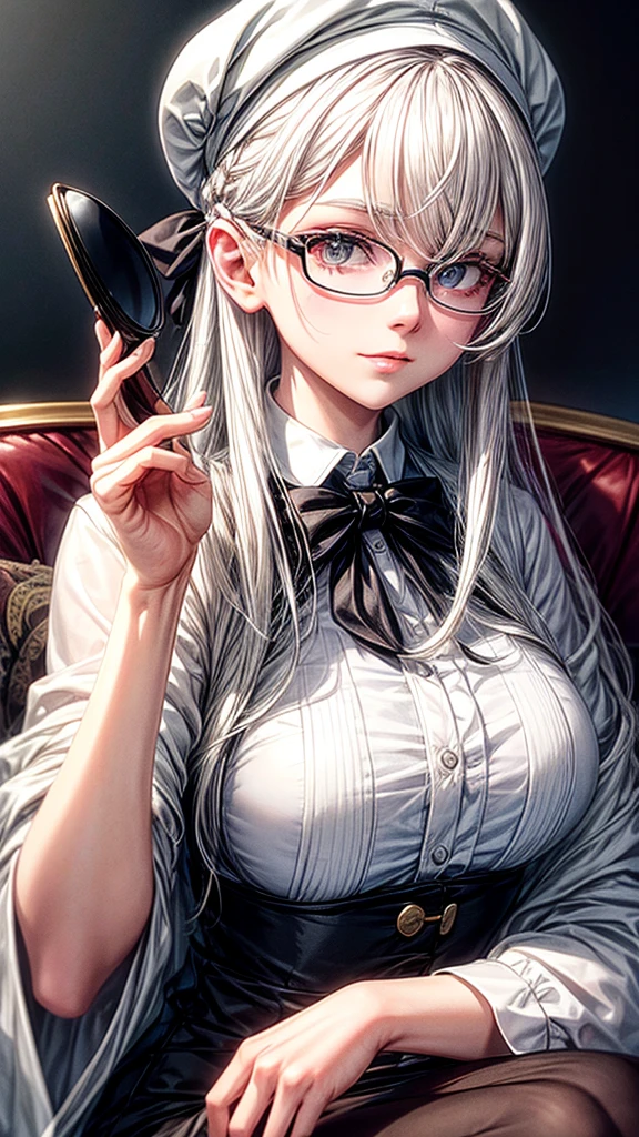 White hair, very cute ,use glasses