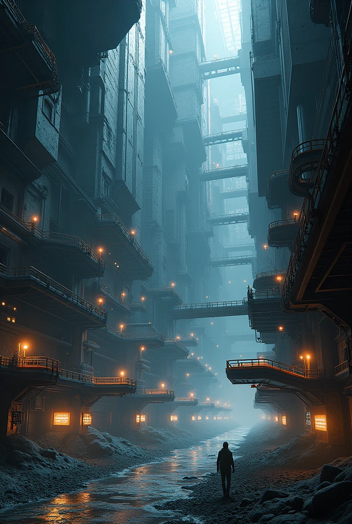 big factory underground no human and light, run by AI