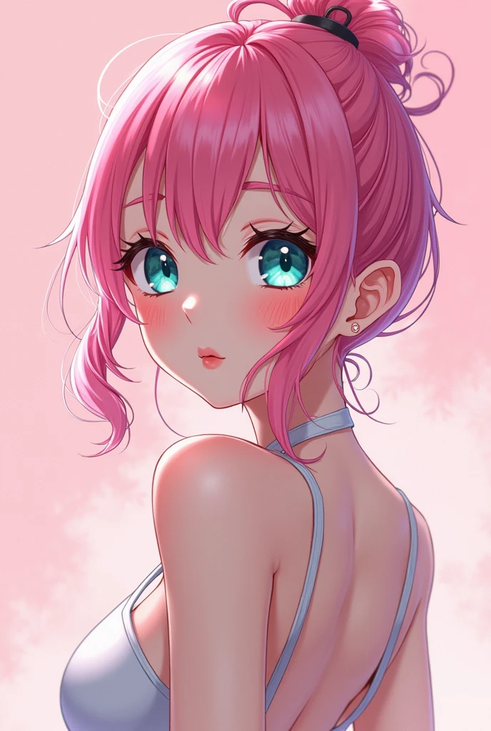 detailed aqua eyes, pink hair, (aqua eyes), Official art, Unity 8k Wallpaper, Ultra-detail, Beautiful and aesthetic, masterpiece, Best Quality, 1girl, ((big tits)), Extremely detailed, elegant, vivd color, romanticism, arms behind back, kawaii fashion, shiny skin, sexy pose, ((pink background)), heavy blushing, upper body, straight on, (cleavage), funky graphic design, (((anime style))), portrait,