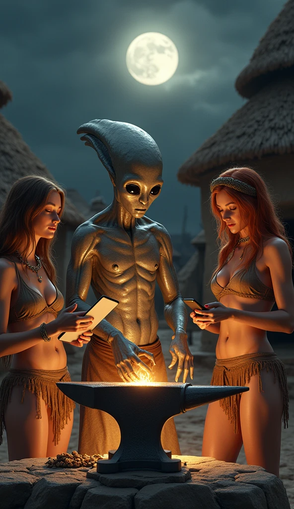 Digital artwork featuring a surreal scene set in a caveman village. The layout is centered around an anvil with a glowing forge, where an alien with large eyes and metallic skin is hammering a piece of metal. The alien is flanked by two women with medium skin, one on the left with long hair and large tablet taking notes, wearing a necklace and a brown bra and a loincloth, and the other on the right with small breasts and long orange hair, a headband, and a similar brown bra and loincloth. she is calling with a smartphone. The background includes other villages and huts, with a dark sky and a bright full moon.