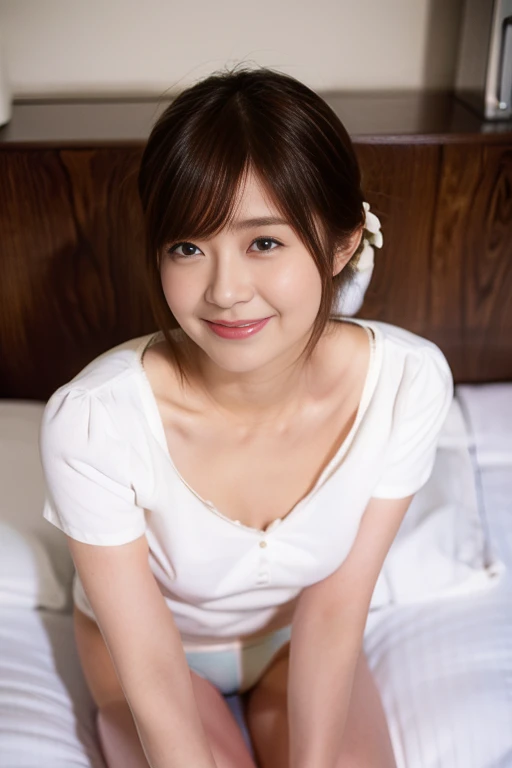 Beautiful Japanese Woman、Beautiful mature woman、Classy sexiness、Tight business shirt、(panties:1.4)、(smile、Round face、Beautiful legs、Thighs:1.2)、masterpiece、4K High Resolution、Photo quality、Updo、
