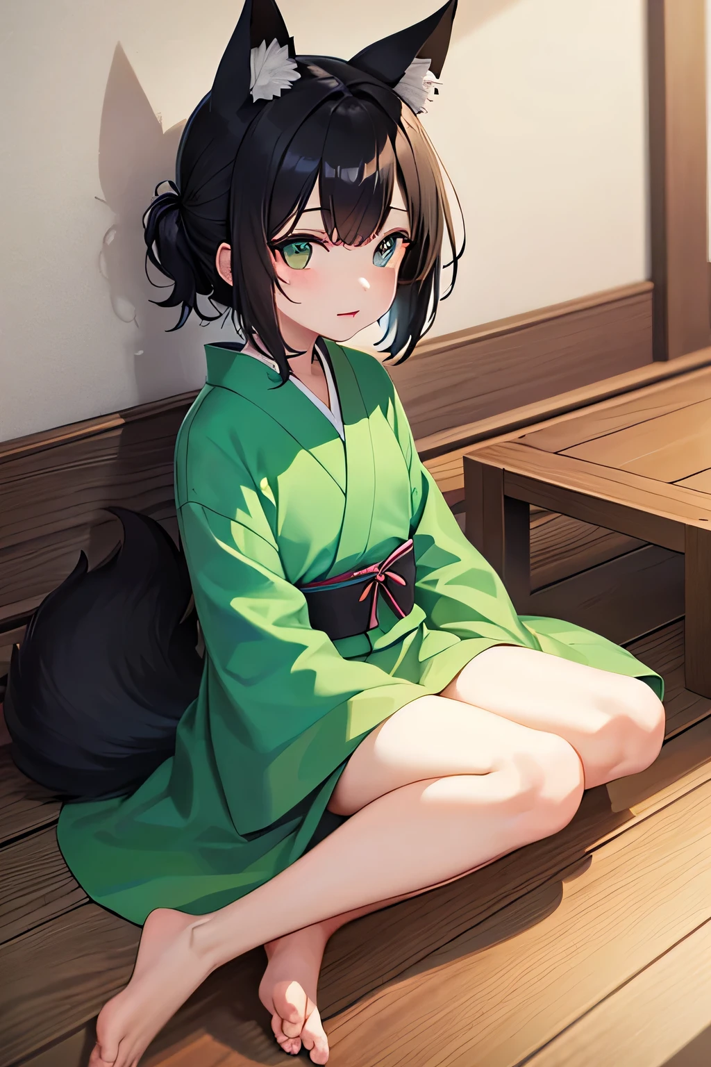 1 person,Looks like,kimono,Shorts,juvenile,のようなjuvenile,Black Hair,Celadon inner color,Celadon eyes,Fox ears