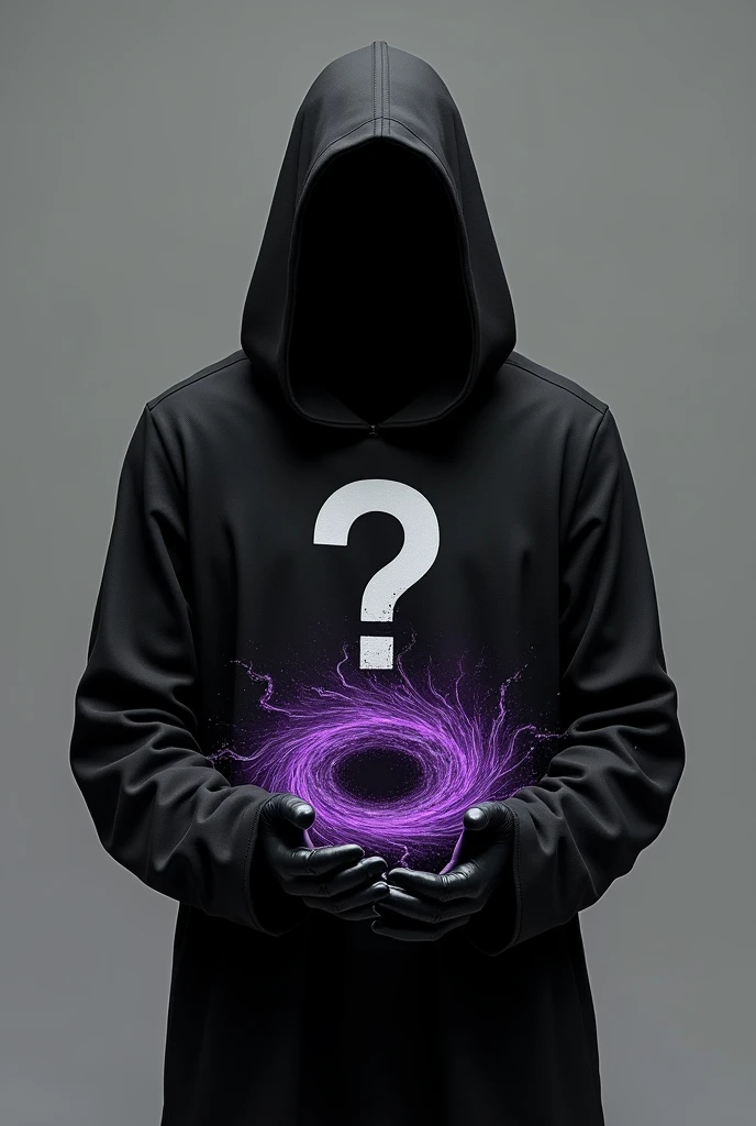 A completely black man, with a white drawn question mark on its chest holding a black vortex with purple details in its hands