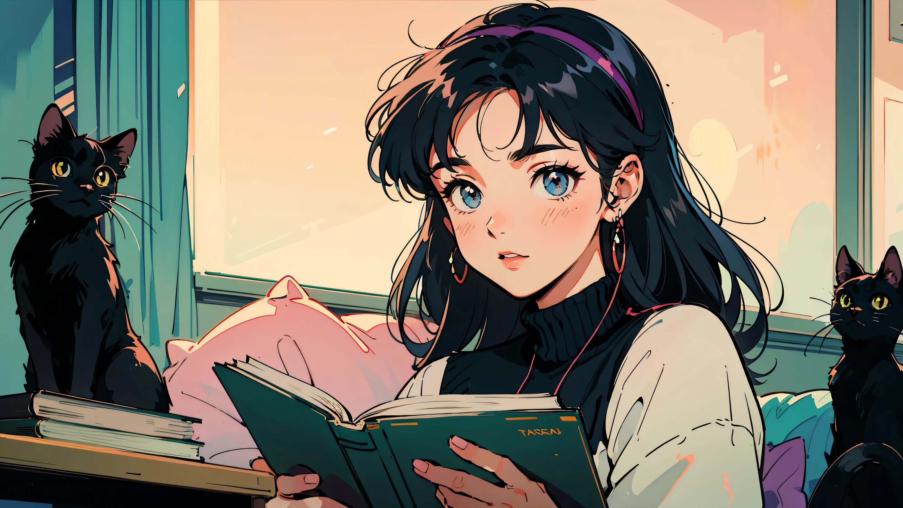 80s anime girl, 21 years-old, cute hair and face, looking at viewers, just one person, midnight in her room, chill and relax, reading a book, desk, wearing a headphone, colorful image, one black cat