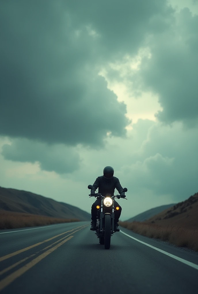 A man motor bike on road alone with cloudy sky